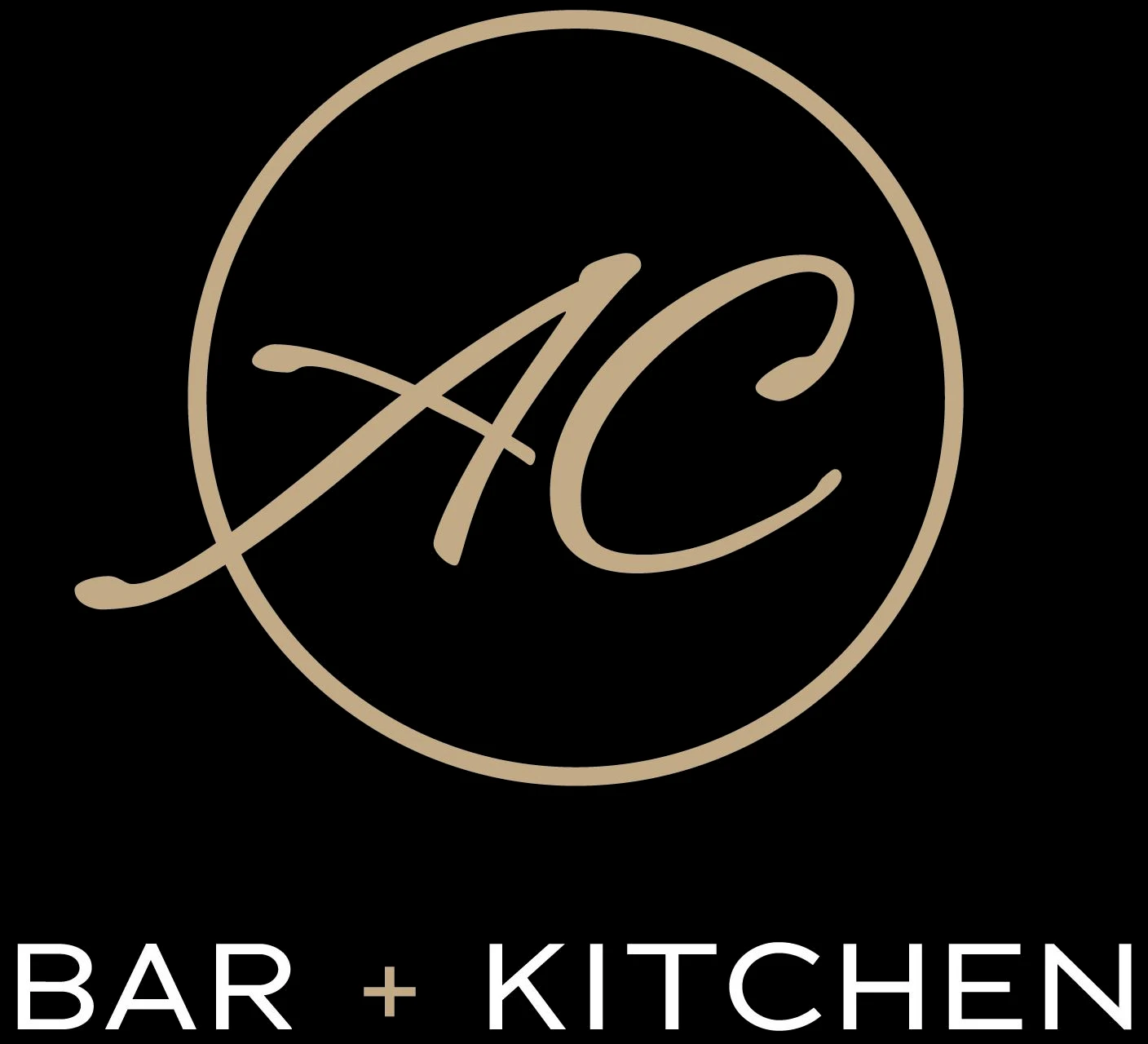 A circular logo with the letters &ldquo;AC&rdquo; in a script inside, on a black background, plus the words &ldquo;BAR + KITCHEN&rdquo; below.